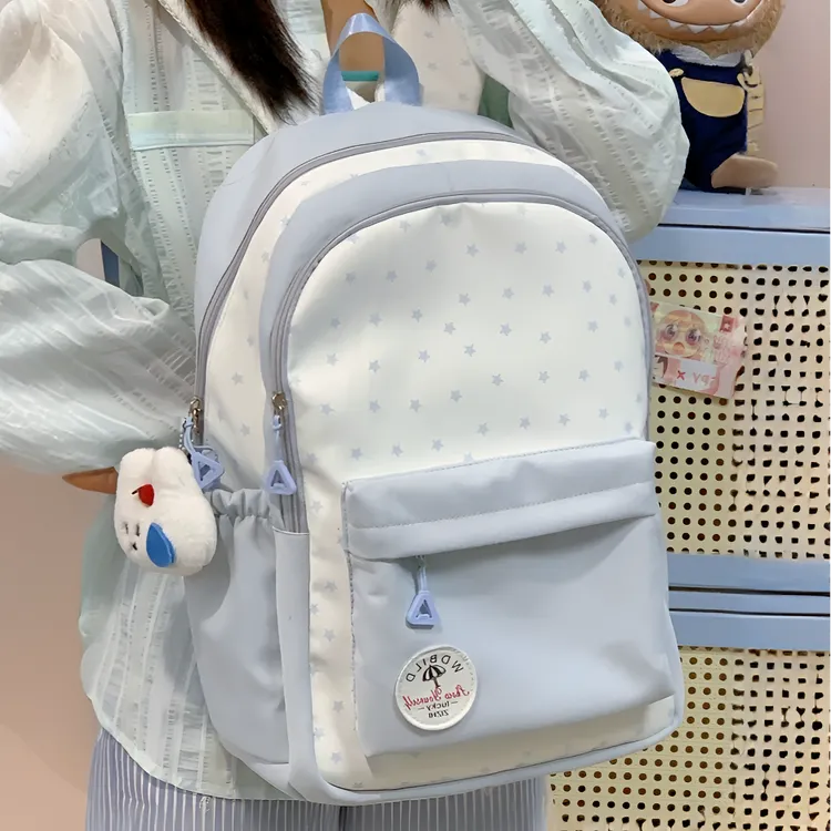 ins风小众浅蓝色书包女初中生高中生大容量双肩包小学生减负背包