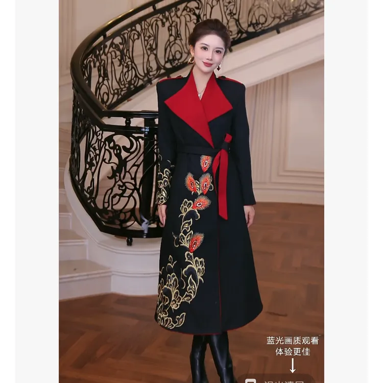 【芙娜妮】2025秋冬刺绣显瘦中长款保暖新款通勤大衣外套FG2531002A