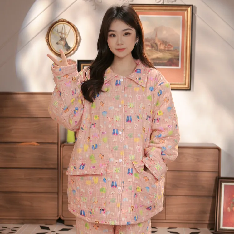 冬季三层加厚夹棉睡衣女士卡通印花家居服长款甜美小棉袄两件套装
