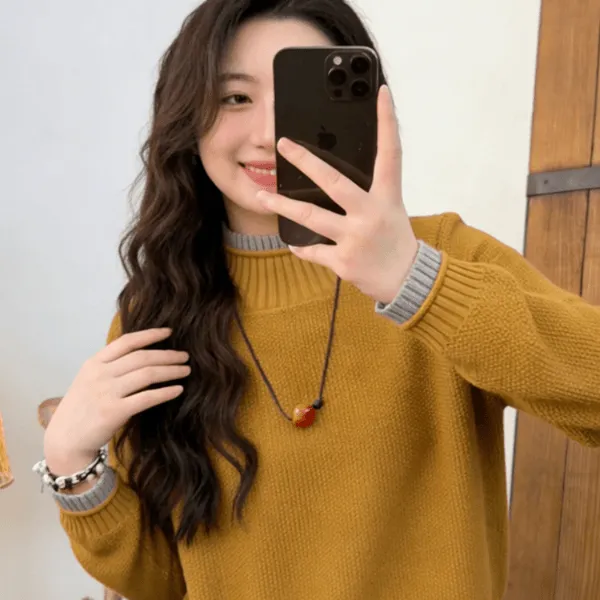 黄色拼接假两件慵懒风长袖针织衫毛衣女2025秋冬新款内搭打底上衣