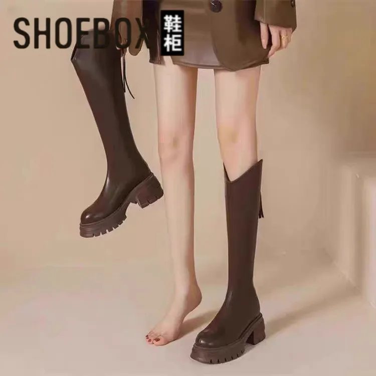 SHOEBOX鞋柜英伦风加宽粗腿长筒靴女2025秋冬季新款小个子骑士靴