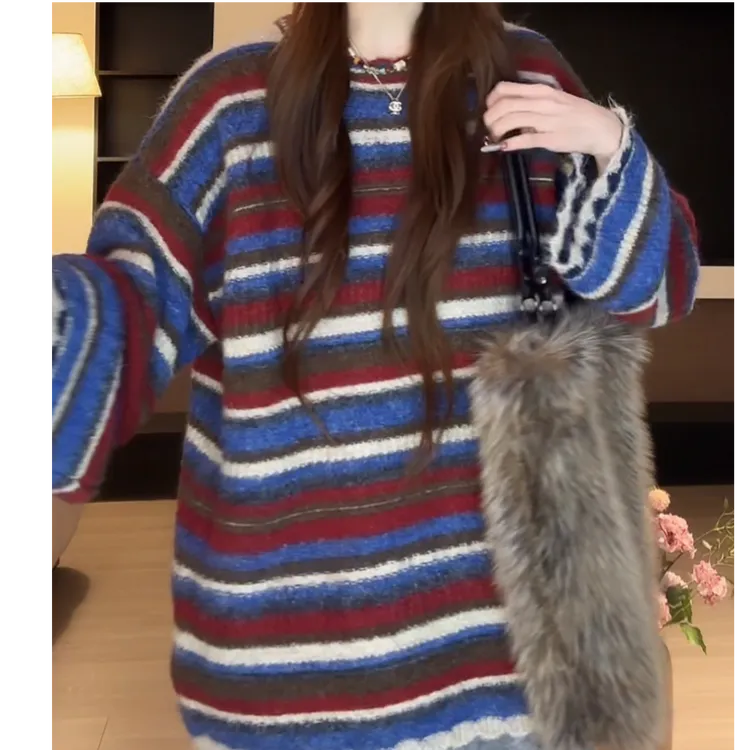 【圣诞系列 条纹撞色设计感针织毛衣】百搭圆领复古慵懒风针织衫