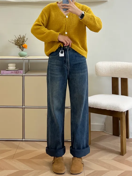 加绒加厚牛仔裤女高腰2025冬季新款窄版阔腿裤小个子显瘦直筒裤子