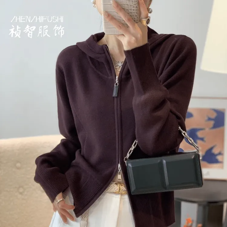 LF-25013针织双拉链帽衫 开衫 时尚休闲针织连帽开衫 长袖帽衫