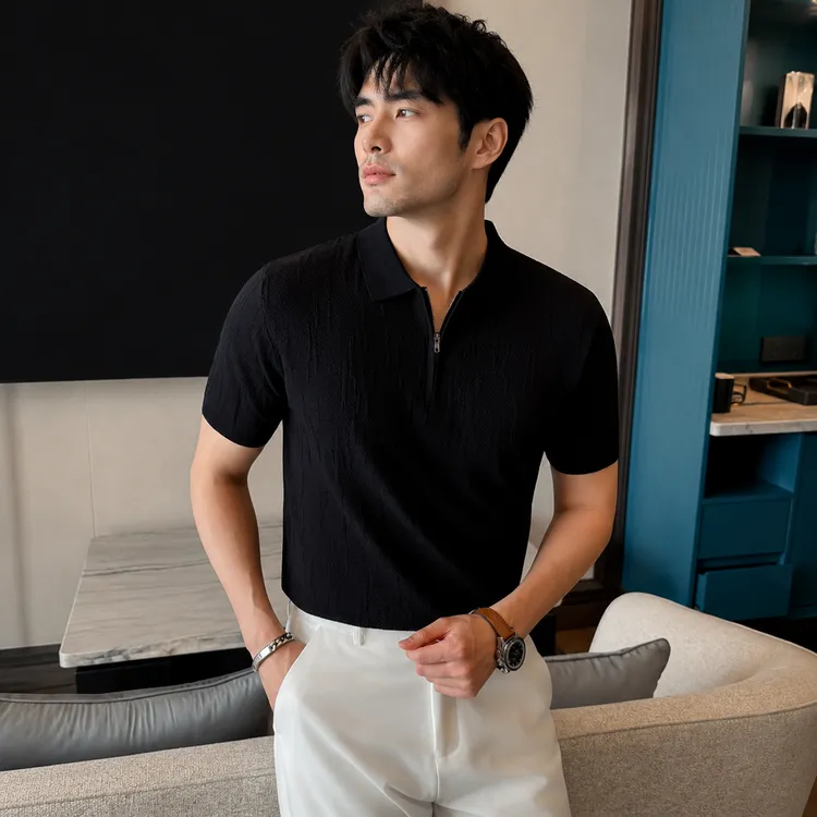 男士夏季凹凸肌理感半拉链翻领短袖POLO衫2026修身老钱风商务休