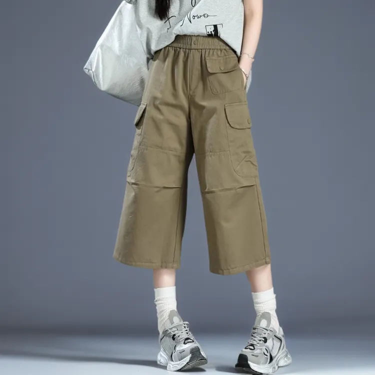 日系休闲七分裤女2025新款夏纯棉直筒窄版阔腿裤女小个子工装中裤