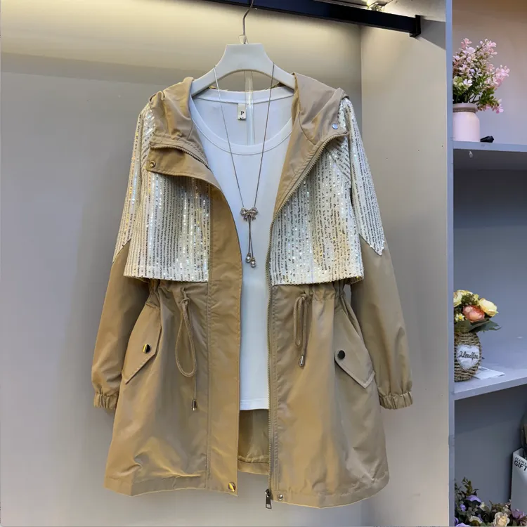 早秋新款时尚洋气欧货百搭连帽防风重工亮片拼接宽松休闲大码外套