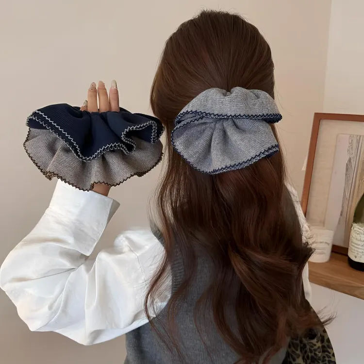 法式慵懒风扎低马尾发绳秋冬新款针织毛线蓝色系纯色大肠发圈