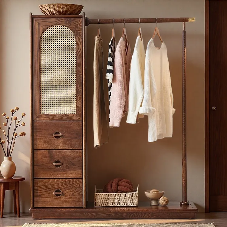 民宿复古实木衣柜日式家用卧室藤编收纳储物柜小户型侘寂风衣橱