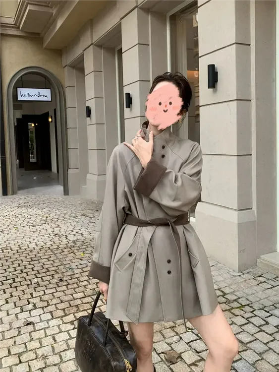 立领秋冬中长款插肩袖风衣袖型宽松小个子宽松型纯色外套气质百搭