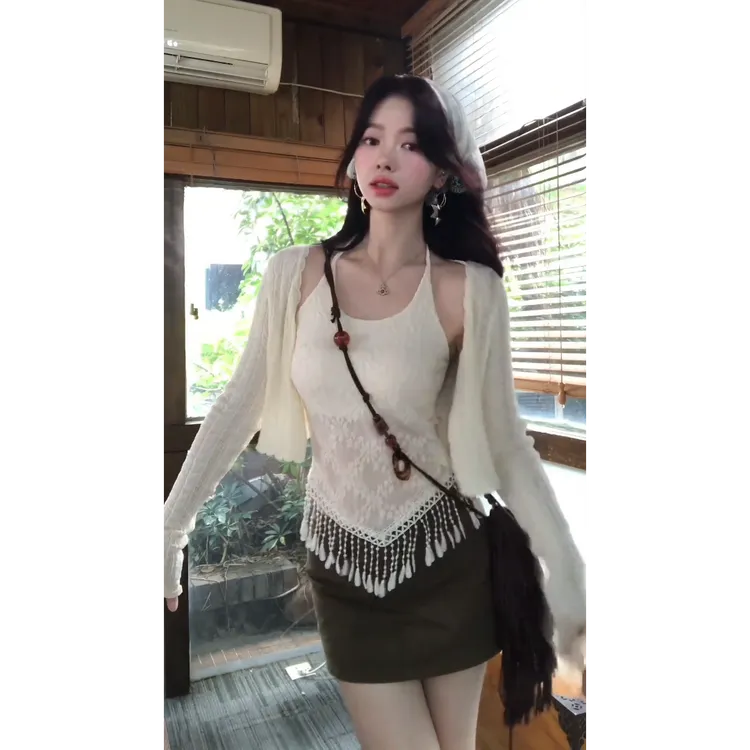 MARIE.COCO复古风流苏拼接挂脖上衣百搭开衫气质修身短裙三件套潮