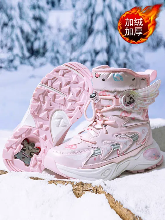 儿童雪地靴女孩冬季户外防水防滑冰爪冬靴加绒加厚女童东北大棉靴