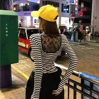 婉君Q【条纹后背蕾丝】秋季条纹拼接蕾丝修身长袖T恤LWJ25C3T2668