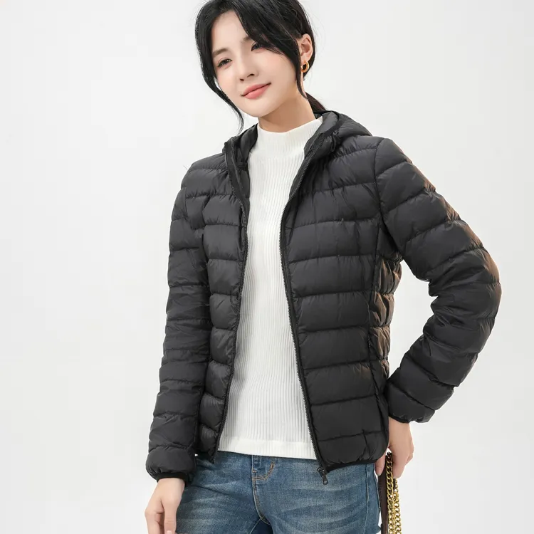 清仓！休闲修身保暖立领连帽轻薄款白鸭绒羽绒服