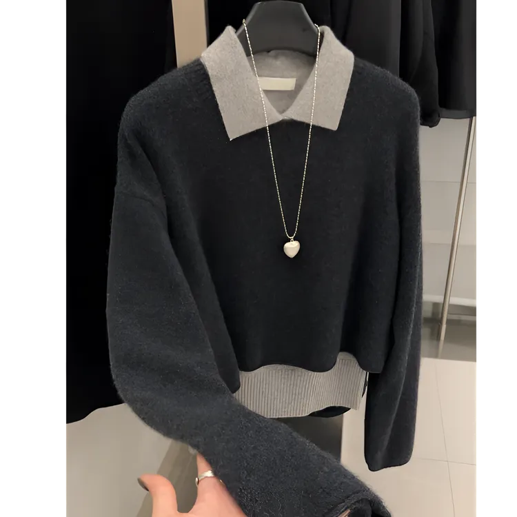 秋冬季新款慵懒感撞色减龄POLO领2025短款长袖背心叠穿两件套毛衣