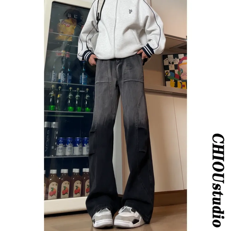 渐变黑小众设计款牛仔裤春秋季做旧休闲风牛仔男潮流直筒百搭长裤