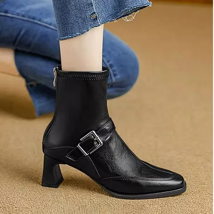 冬季辣妹~法式方头粗跟弹力瘦瘦靴女秋冬新款复古高跟短靴马丁靴