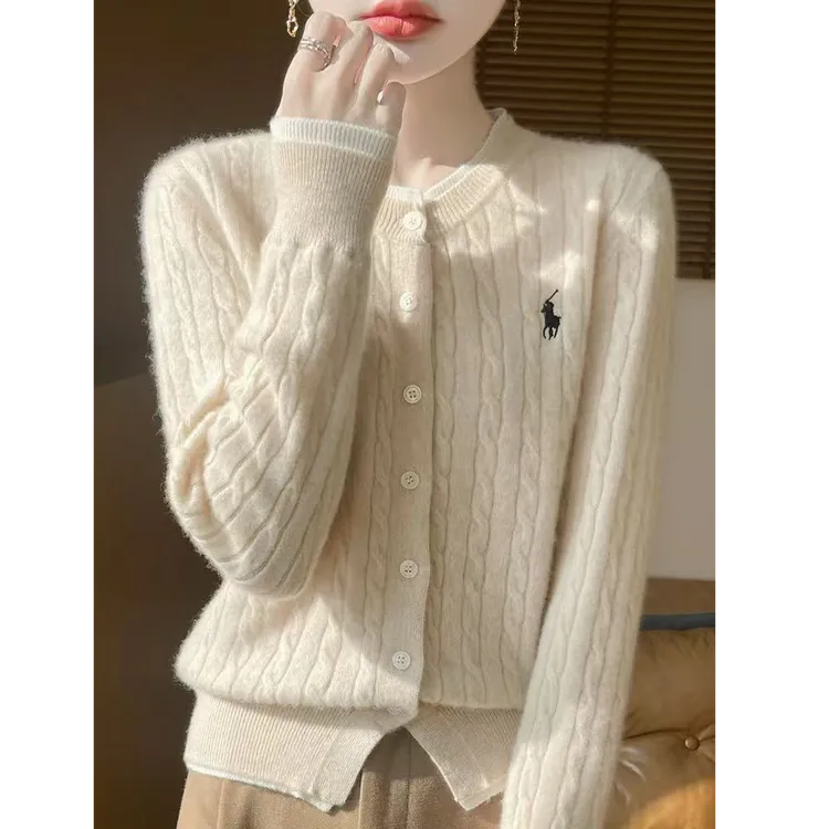 100%羊毛衫刺绣女假两件时尚百搭秋冬针织开衫毛衣长袖宽松