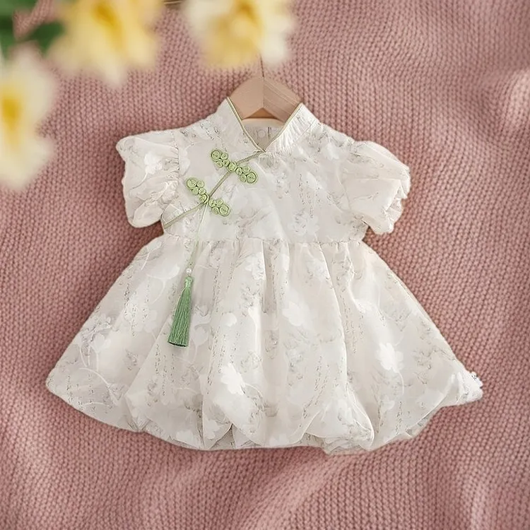 夏季新款女童汉服公主裙婴幼童休闲短袖婴儿礼服长爬服蕾丝洋气
