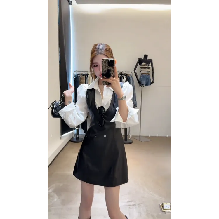 MARIE.COCO时尚高级感套装早秋新款气质皮裙连衣裙内搭泡泡袖衬衫