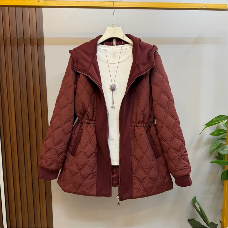 新款大码女装时尚休闲纯色百搭连帽腰抽绳设计菱形格棉服外套