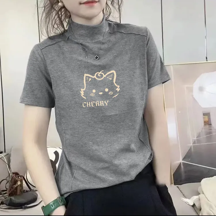 半高领套头印花上衣女2025夏季新款修身显瘦外穿百搭短袖打底衫潮
