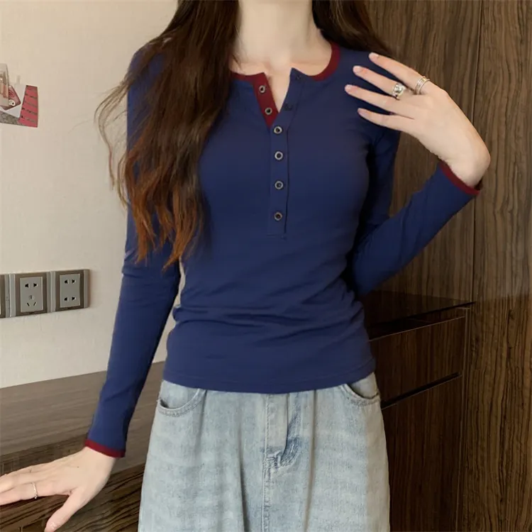 春秋季洋气正肩显瘦修身莫代尔撞色纽扣长袖打底衫女设计感上衣