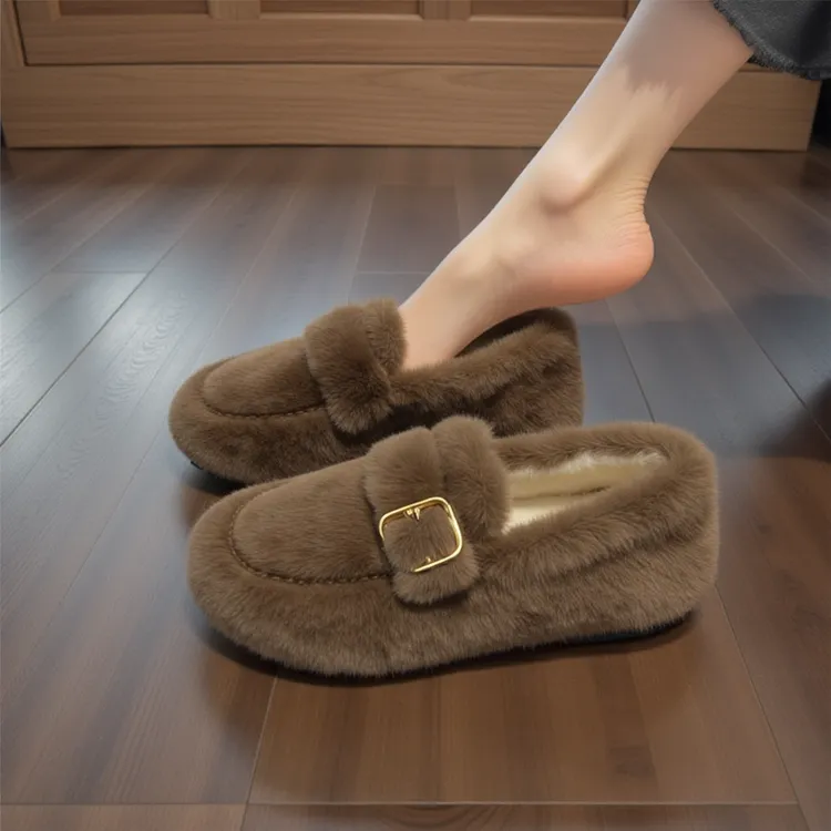 兔毛绒厚底毛毛鞋女外穿棉鞋皮带扣网红百搭秋冬小个子加绒豆豆鞋