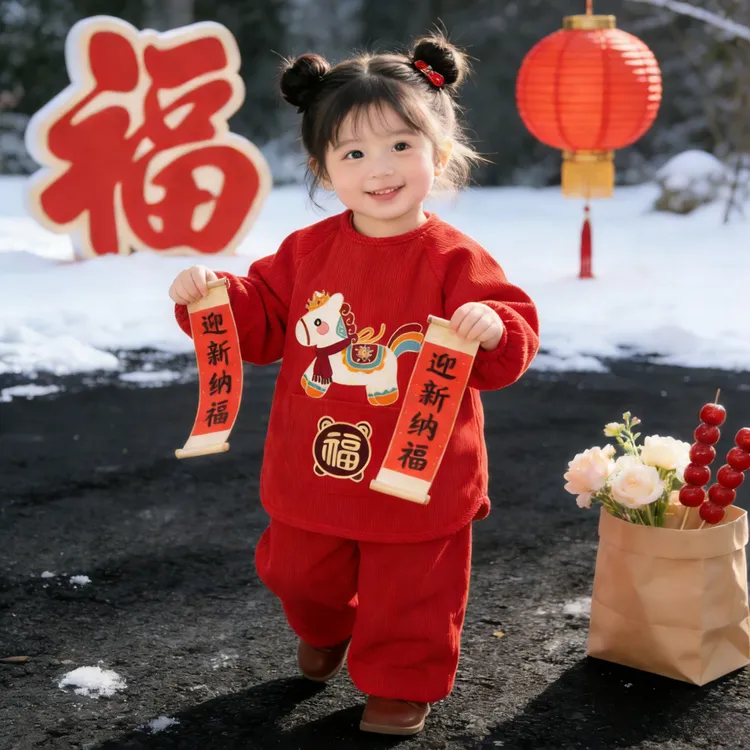 秋冬季卡通动漫风男女童喜庆护衣婴儿红色刺绣围兜厚款宝宝罩衣
