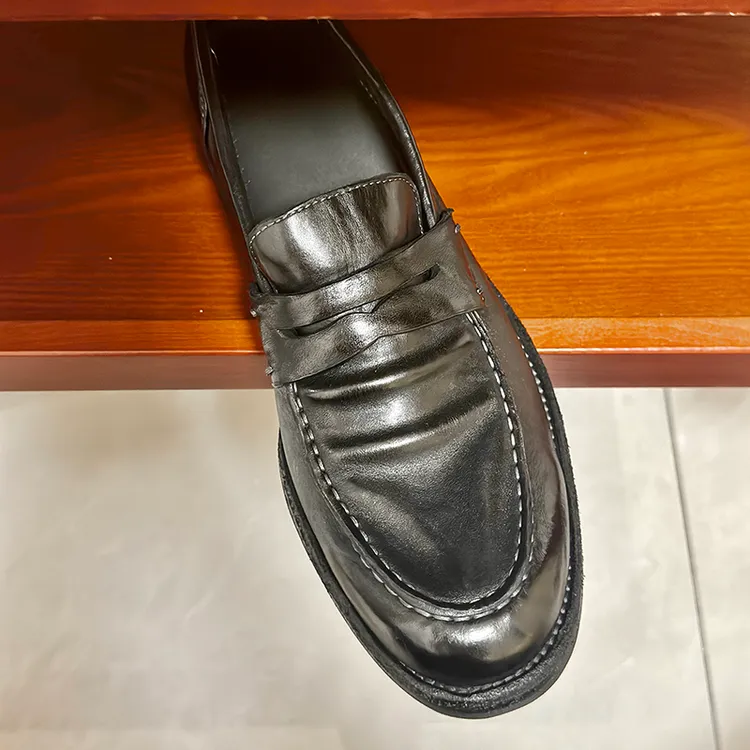 固特异重水洗油亮马皮乐福鞋男厚底不板脚圆头波浪纹一脚蹬皮鞋男