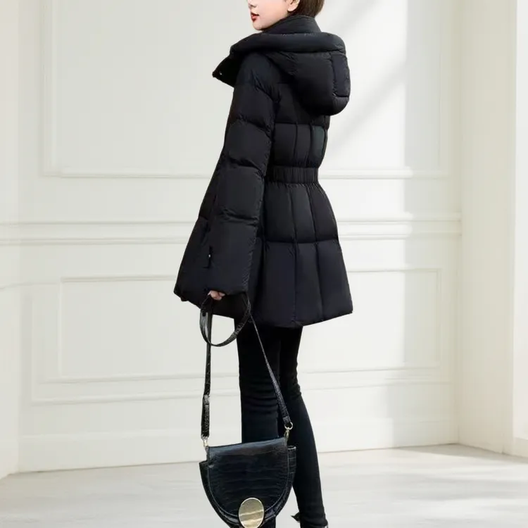 2025冬季棉衣修身型时尚连帽女中长款收腰黑色百搭加厚韩版棉服