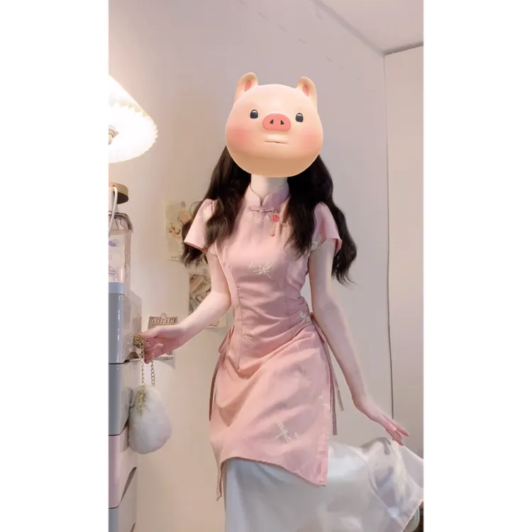 大码小蜻蜓印花新中式改良旗袍裙2025夏季新品国风假两件连衣裙仙