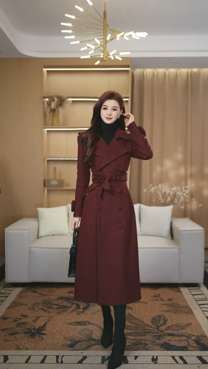 罗曼定制  原创设计毛呢红色大衣风衣赫本风中长款厚款翻领收腰冬