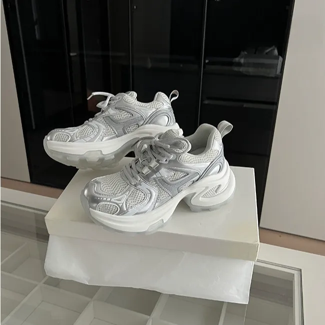 牛皮版~巴黎旧刊~7.5CM银白色增高厚底运动休闲鞋老爹鞋2026爆款