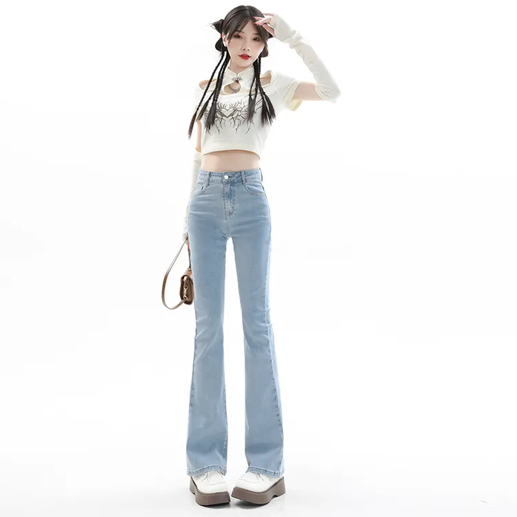 《芳芳私服》2025新款女装高腰显瘦弹力设计感修身微喇叭裤