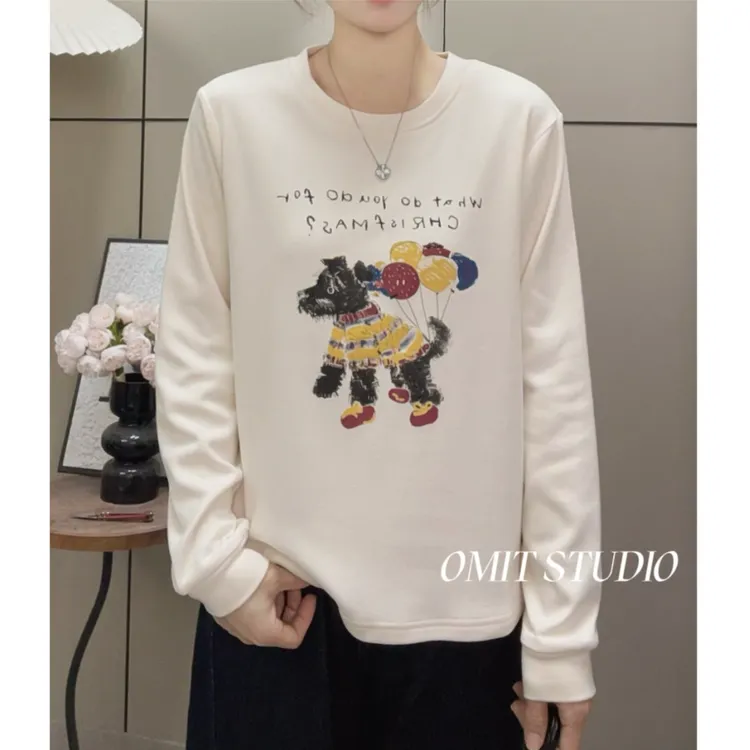 【气球小狗】新款磨毛卡通印花正肩弹力减龄长袖