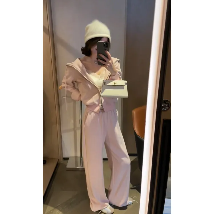 2025秋季新款韩系穿搭宽松连帽抽绳长袖开衫气质高腰显瘦阔腿长裤