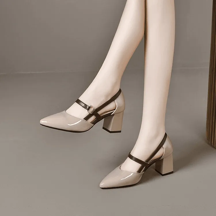 真软皮包头凉鞋女2025新款夏季软皮粗跟高跟一字扣中跟漆皮单鞋子