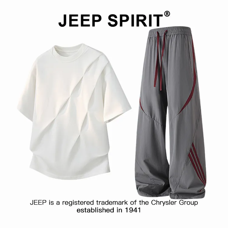 JEEPSPIRIT吉普褶皱设计感短袖套装男士夏季痞帅条纹休闲裤两件套