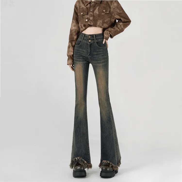 莲叶文君个性设计感高腰双扣微喇拖地牛仔裤女春秋季新款显瘦喇叭