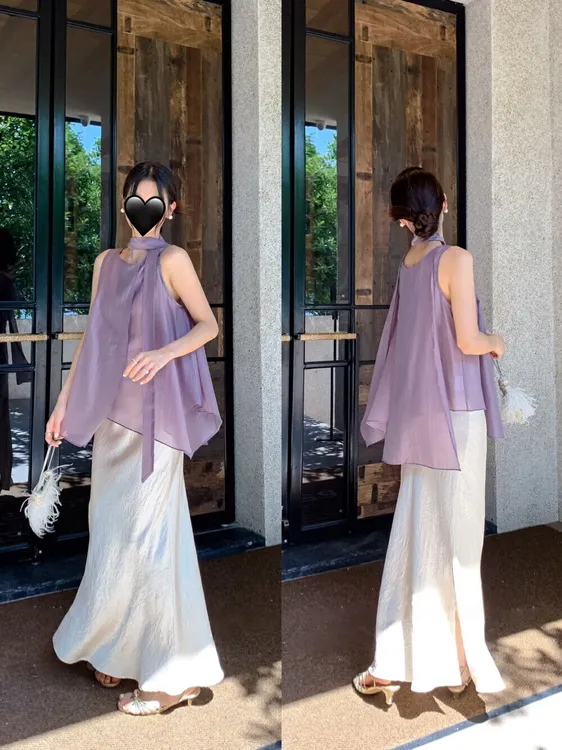 裙子套装女夏季气质时尚显瘦洋气高级感紫色无袖上衣半身裙两件套
