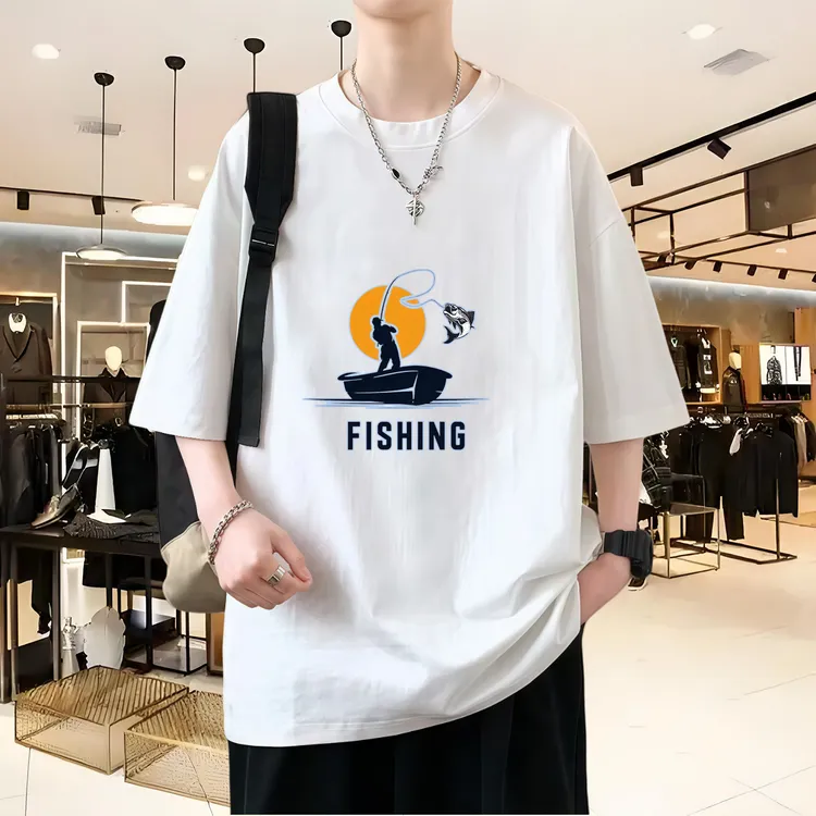 钓鱼人新款短袖t恤男夏季宽松印花圆领重磅透气男士爆款220克