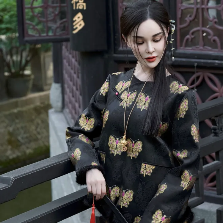 飞儿【金华蝶开衫】2025早秋新款拼接水貂毛衬衫上衣