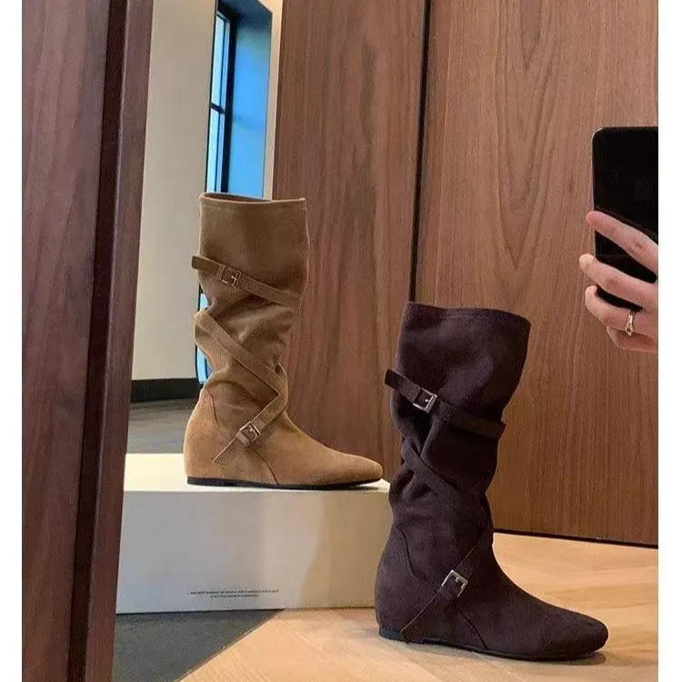 复古内增高长筒靴女2025新款法式时尚堆堆靴皮带扣显瘦高筒骑士靴