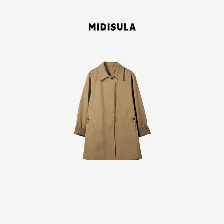 MDSL·百搭简约气质翻领中长款袖口格子休闲风衣外套01739
