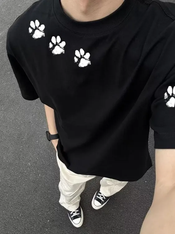 【重磅纯棉】猫爪设计小众短袖男宽松圆领潮流美式复古t恤街头潮牌