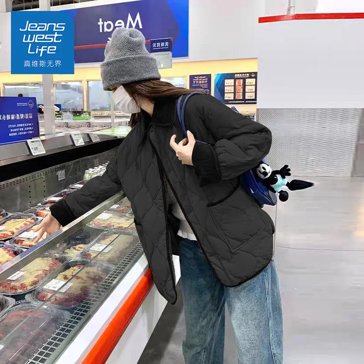 真维斯无界秋冬季黑色绗棉撞色翻领棉服经典百搭保暖显瘦休闲外套