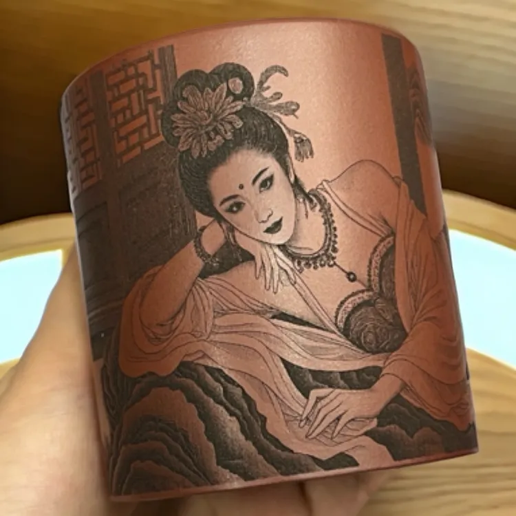 宜兴原矿龙血砂刻绘美女200cc大容量紫砂主人杯紫砂杯茶杯水杯