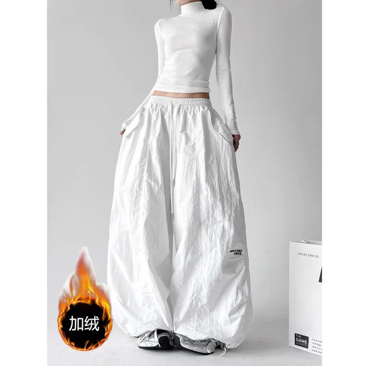 2025美式廓形松紧腰降落伞工装裤抽绳宽松皱褶口袋休闲裤冬加绒