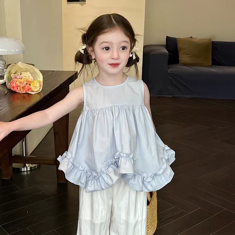 小瑶宝童装女童宽松不规则荷叶边上衣儿童时髦无袖背心娃娃衫